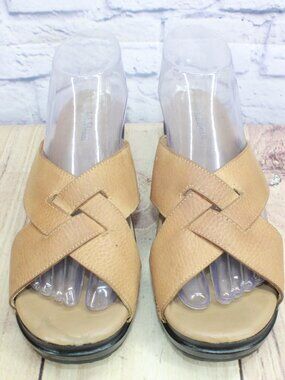 LL Bean Brown Leather Criss Cross Slip On Wedge Sandals Size 7.5 M